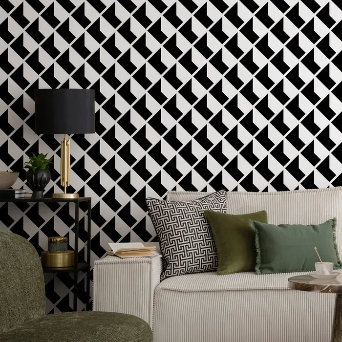 Geometric Wallpaper With An Interlocking Arrow Motif In Black And White – A823