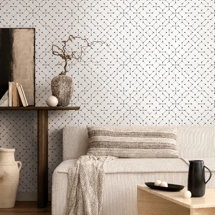 Geometric Wallpaper With An Interlocking Tile Motif In Black And White – B608