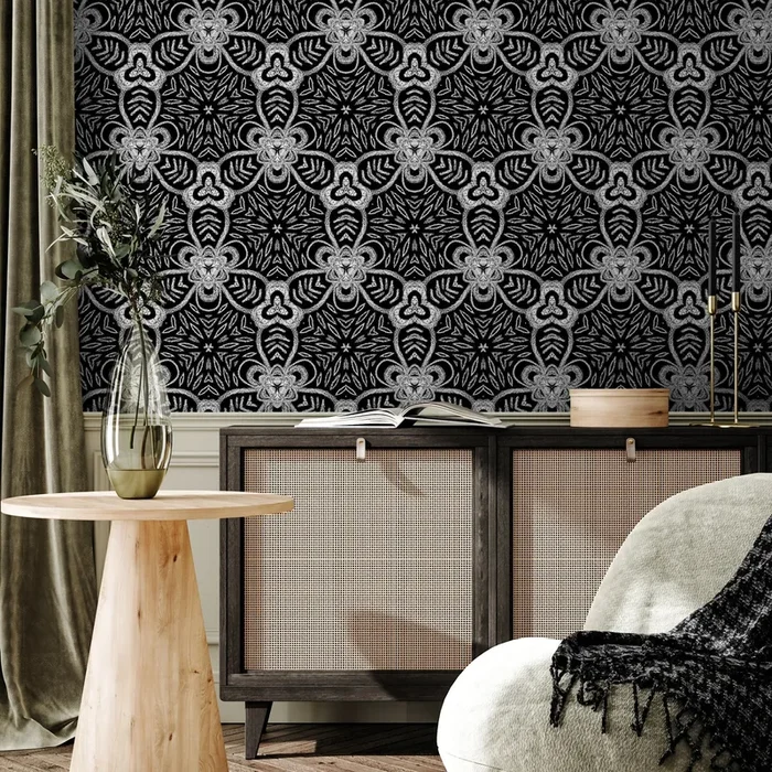 Geometric Wallpaper With An Intricate Medallion Motif In Black And White – X078
