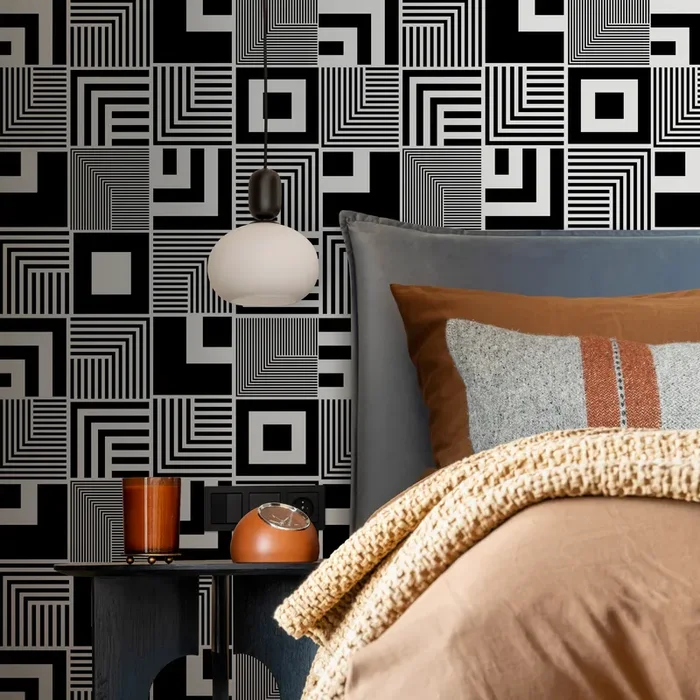 Geometric Wallpaper With An Op Art Inspired Square Motif In Black And White – B789