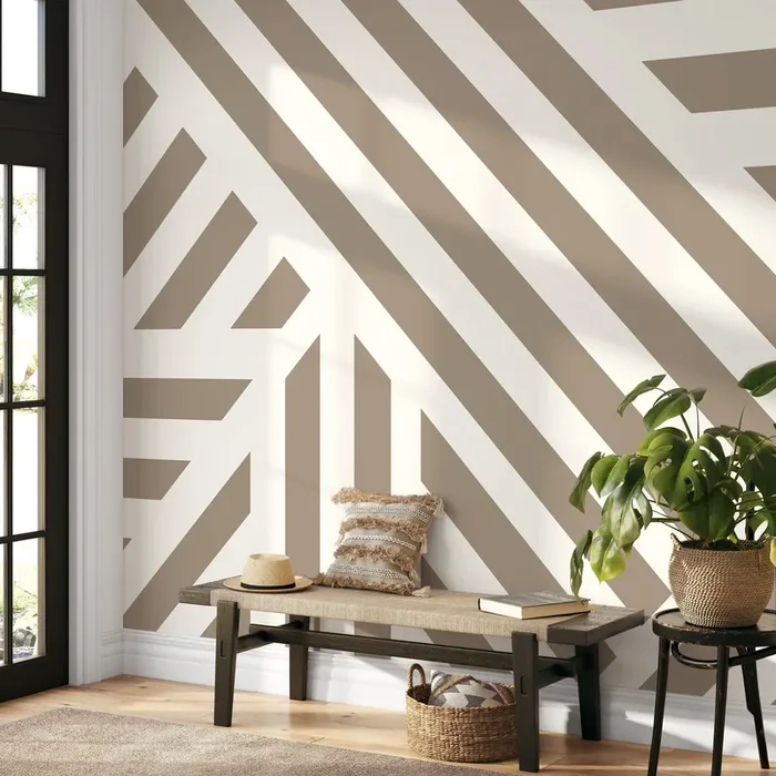 Geometric Wallpaper With Bold Diagonal Stripes In Beige And Off-white – D734