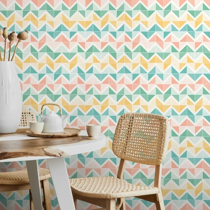 Geometric Wallpaper With Dotted Triangles In Pink, Yellow, And Teal – A639