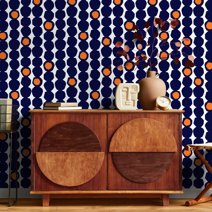 Geometric Wallpaper With Faceted Circles In Navy Blue And Orange – B434