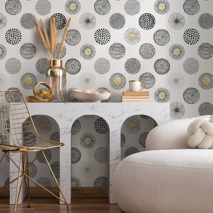 Geometric Wallpaper With Hand-drawn Circles In Black And Gold – A029