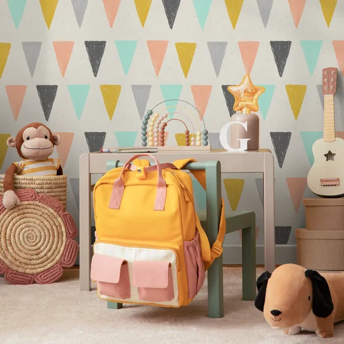 Geometric Wallpaper With Hand-drawn Triangles In Pink, Yellow, And Mint – B075