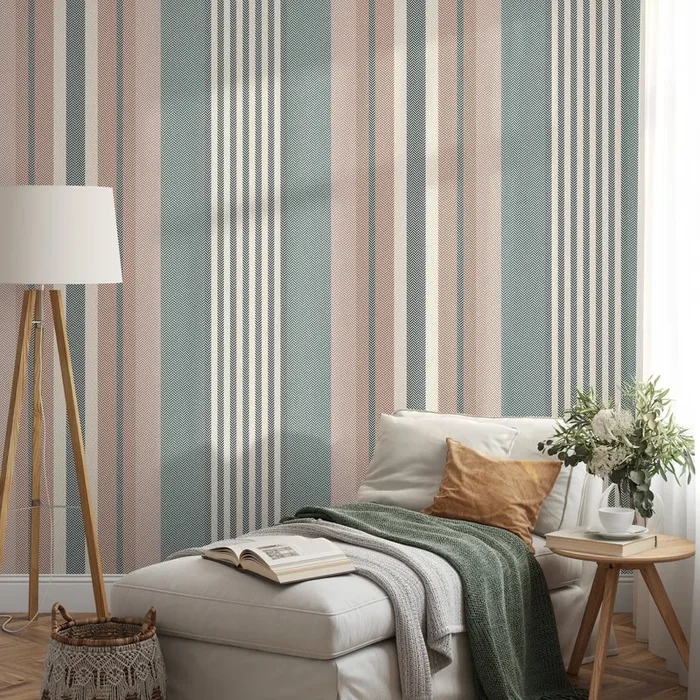 Geometric Wallpaper With Herringbone Stripes In Teal, Terracotta, And Beige – D849