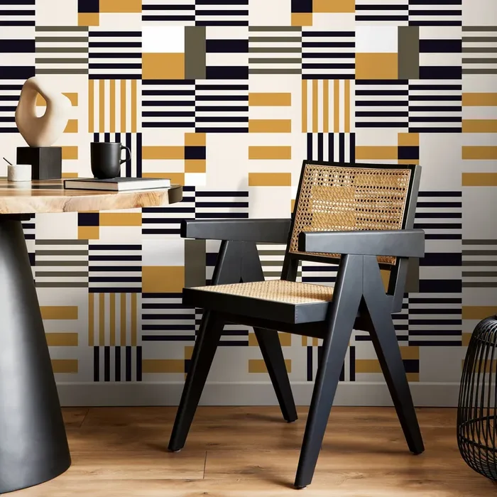 Geometric Wallpaper With Modern Blocks And Stripes In Black And Yellow – D847