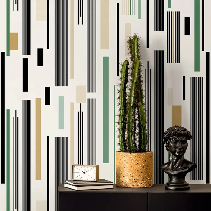 Geometric Wallpaper With Modern Vertical Stripes In Black, Green, And Beige – D740