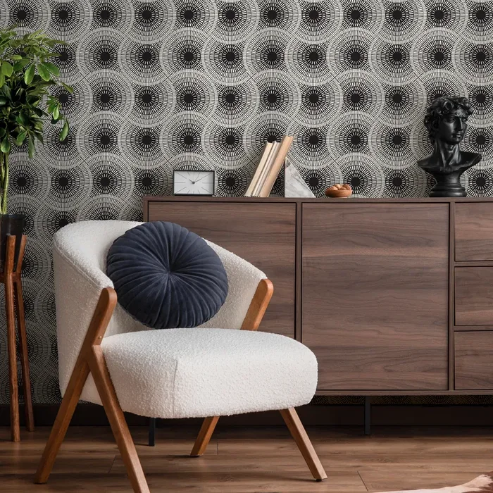 Geometric Wallpaper With Radiating Circle Motifs In Black And White – C323