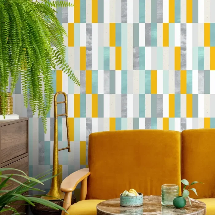 Geometric Wallpaper With Textured Vertical Stripes In Yellow, Blue, And Gray – A177