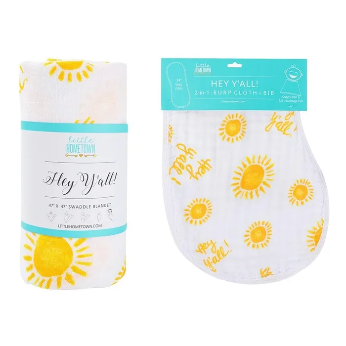 Gift Set: Hey Y’all Baby Muslin Swaddle Blanket And Burp Cloth/bib Combo