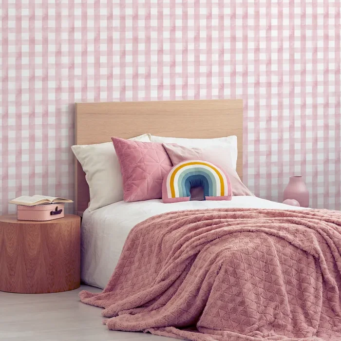 Gingham Wallpaper With A Watercolor Texture In Pink – D011