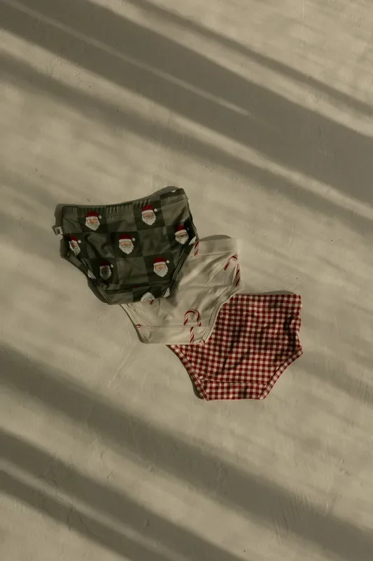 Girl’s Bamboo Briefs (3 Pack) | Red Gingham, Candy Cane & Santa Checkerboard