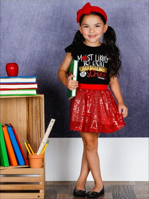 Girls 1st Day of School “Most Likely to Rule the School ” Printed Flutter Sleeve Top and Sequin Skirt Set