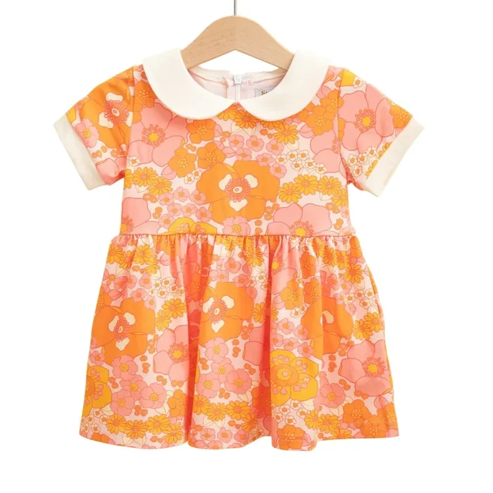 Girls’ Mod Collar Dress In Orange And Pink Flower Power