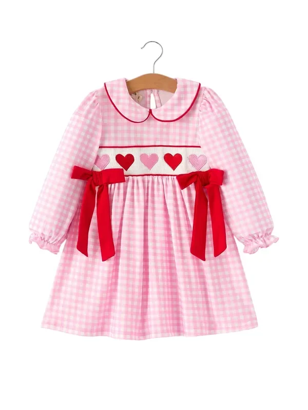 Girls’ Valentine’s Day Heart Smocking Embroidered Plaid Dress