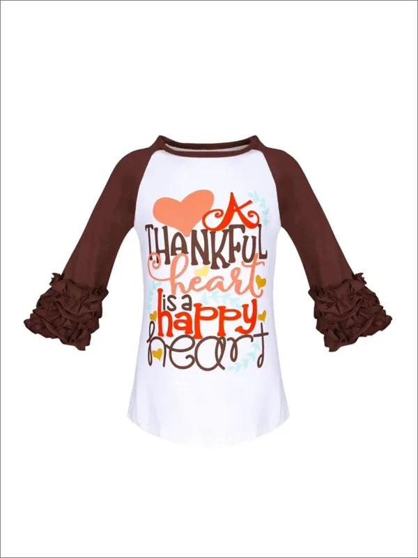 Girls “A Thankful Heart is a Happy Heart ” Graphic Raglan Top with 3/4 Ruffled Sleeves