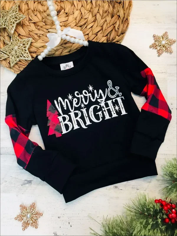 Girls “Merry and Bright ” Plaid Color Block Top