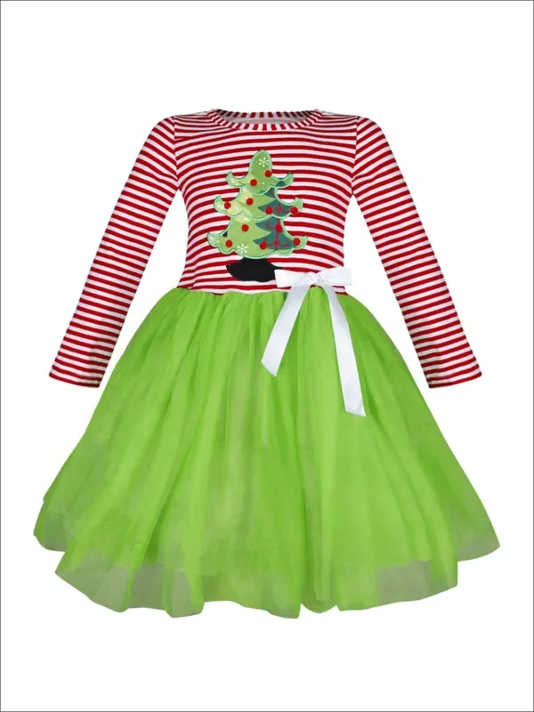 Girls Christmas Themed Striped Christmas Tree Applique Long Sleeve Tutu Dress
