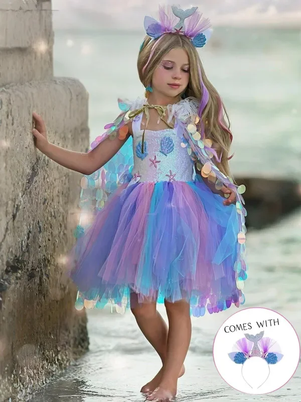 Girls Deluxe Mermaid Unicorn Costume Dress with Headband