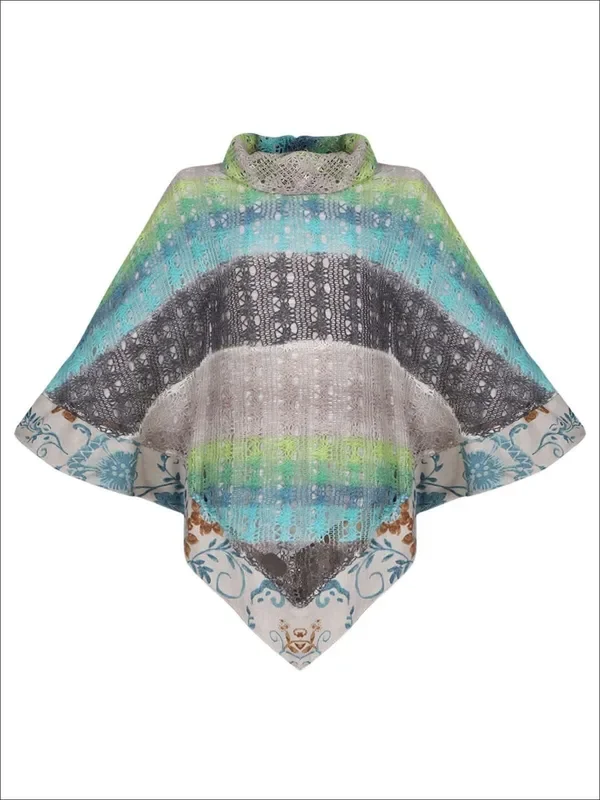 Girls Knit Turtle Neck Crochet Tasseled Poncho Top