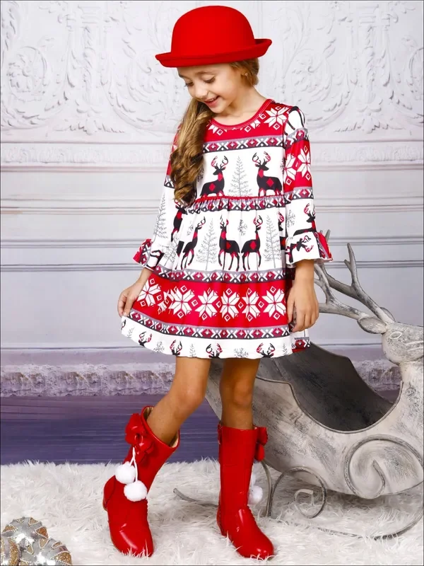 Girls Long Sleeve Moose Print Dress with Bell Sleeves