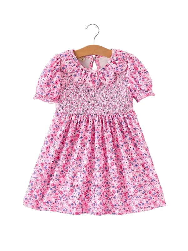 Girls Valentine’s Day Floral Ruffle Smocking Dress