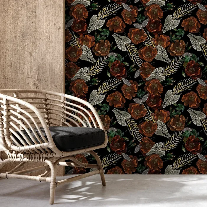 Gothic Botanical Wallpaper With Moths And Skeletons In Rust And Cream – D913