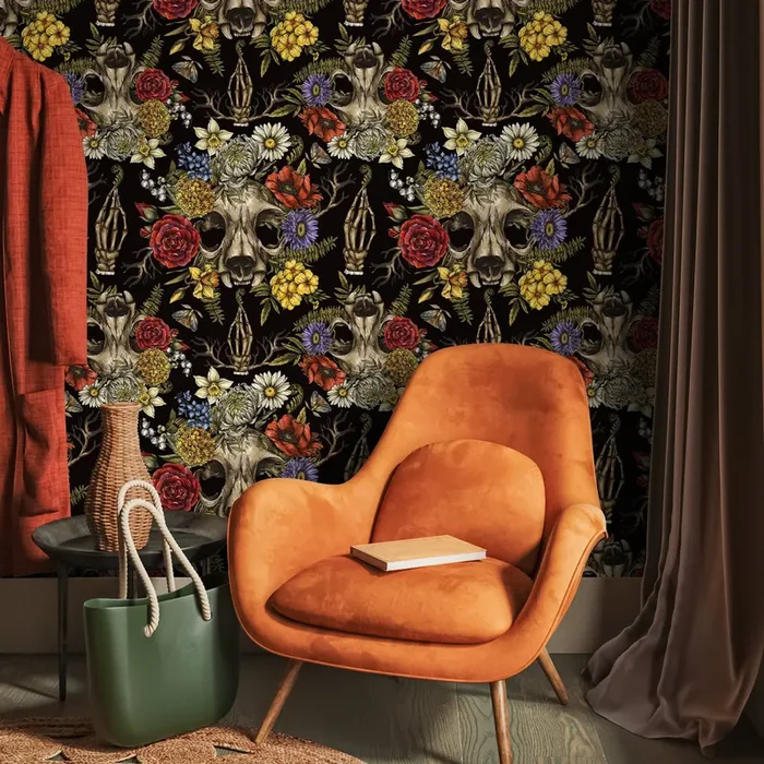 Gothic Wallpaper With A Floral Skull Motif In Red, Yellow, And Blue – D831