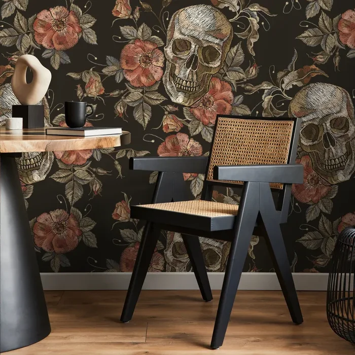 Gothic Wallpaper With Embroidered Skulls And Roses In Black, Terracotta, And Beige – D890