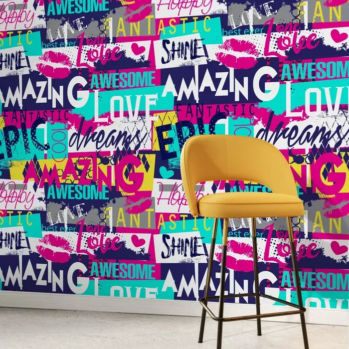 Graffiti Wallpaper With A Street Art Collage In Pink, Blue, And Yellow – A784