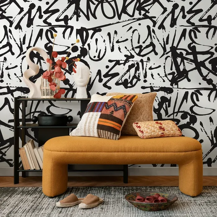 Graffiti Wallpaper With An Urban Street Art Motif In Black And White – B549