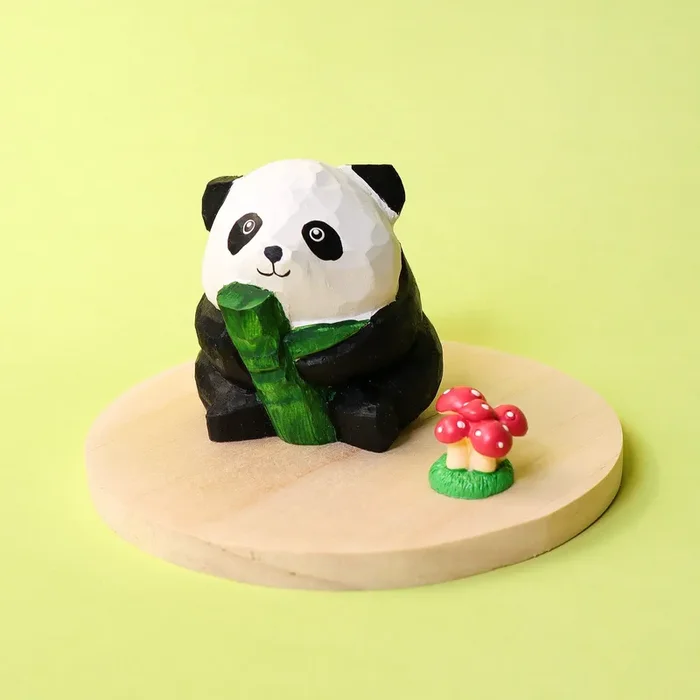 Hand-carved Wooden Panda Figurine – Cute Handmade Decor With Mini Accessories