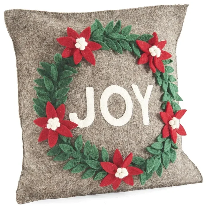 Hand Felted Wool Christmas Pillow – Joy Wreath Natural Gray – 20 “