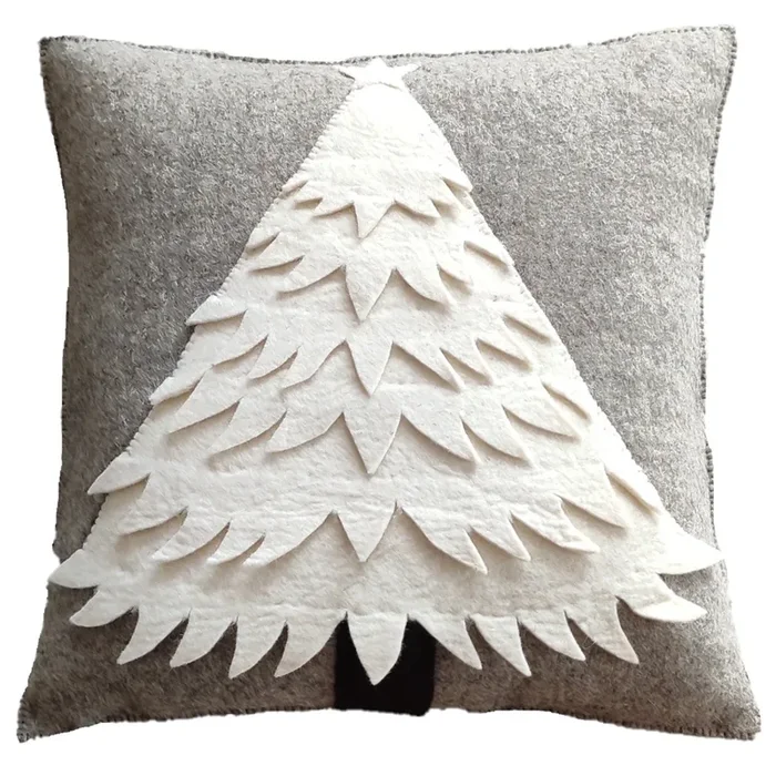 Hand Felted Wool Christmas Pillow Cover – Cream Tree Gray – 20 “