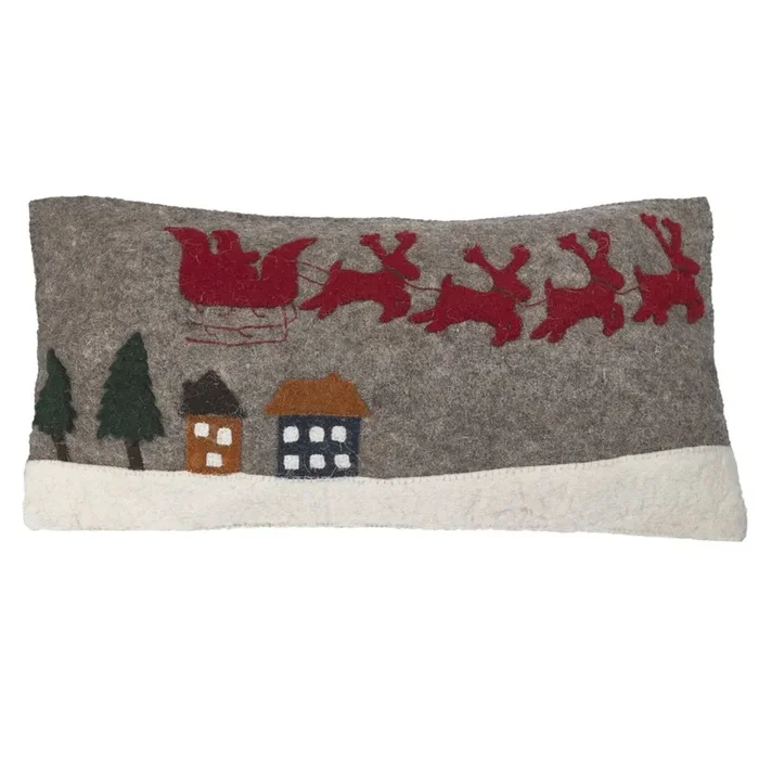 Hand Felted Wool Christmas Pillow Cover – Sleigh With Village – 12×24”