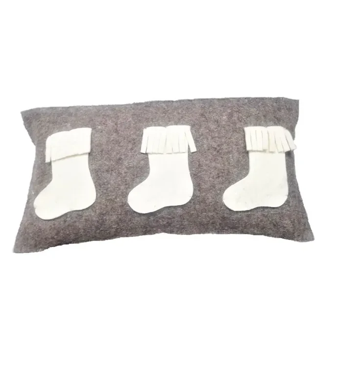 Hand Felted Wool Christmas Pillow – White Stockings Gray – 12×24”