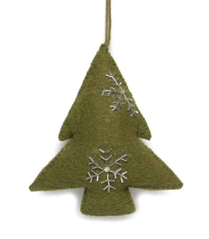 Hand Felted Wool Tree-ornament -green Gold Hand Beading