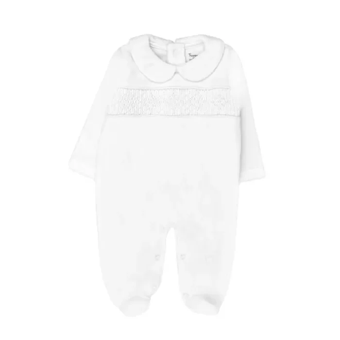 Hand Smocked Velvet Playsuit, White