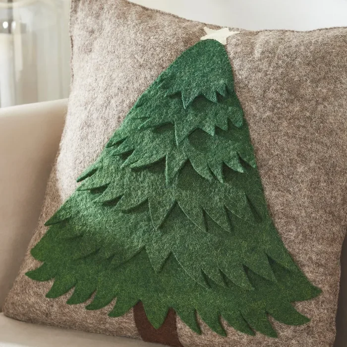 Handmade Christmas Pillow Hand Felted Wool – Green Tree Gray – 20 “