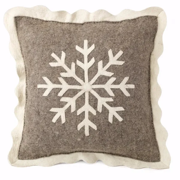 Handmade Christmas Pillow In Hand Felted Wool – Big Snowflake On Gray – 20 “