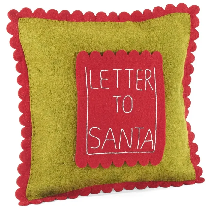 Handmade Christmas Pillow In Hand Felted Wool – Letter To Santa Pocket On Green – 18 “