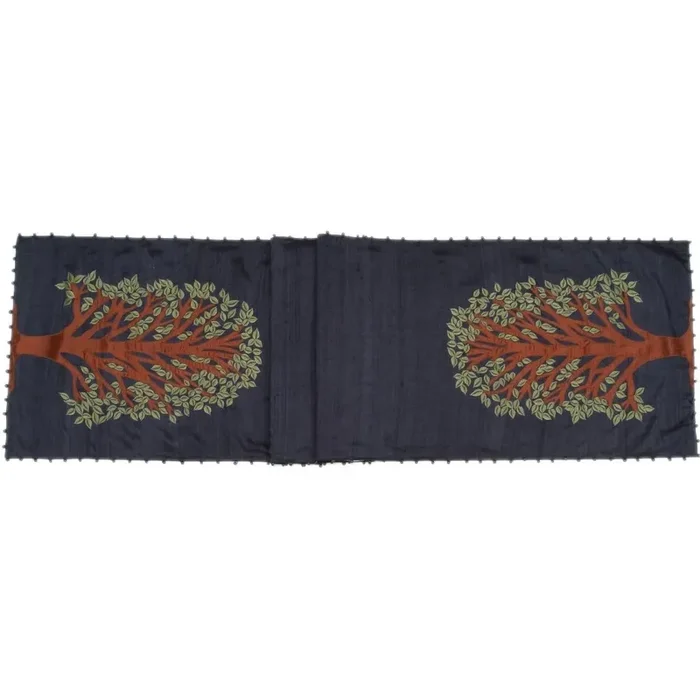 Handmade Navy Silk Table Runner Tree Of Life Embroidery And Hand Beading – 18×72 “