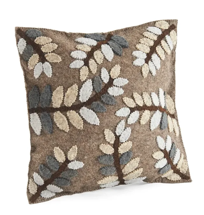 Handmade Pillow Hand Felted Wool – Leaves Gray- 20 “