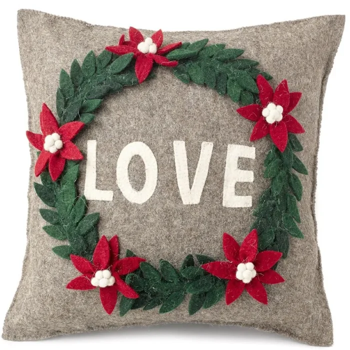Handmade Pillow Hand Felted Wool – Love Wreath Gray – 20 “