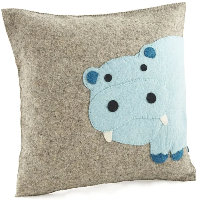 Handmade Pillow In Hand Felted Wool – Blue Hippo On Gray – 18 “