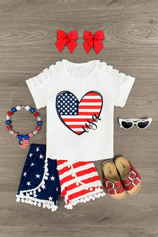 Heart “USA ” Flag Pom Pom Short Set
