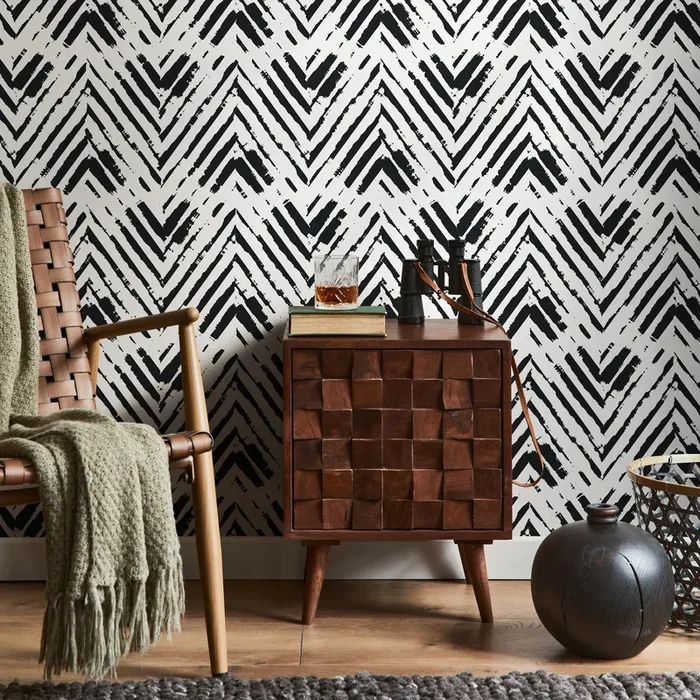 Herringbone Wallpaper With A Distressed Brushstroke Motif In Black And White – A953