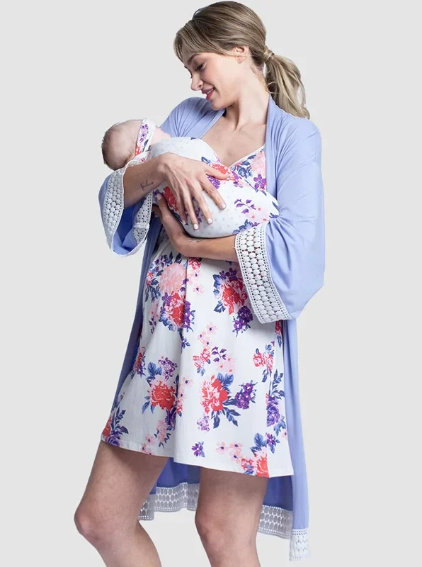 Hospital Pack: Nursing Dress + Robe + Free Baby Pouch – Blue & Pink