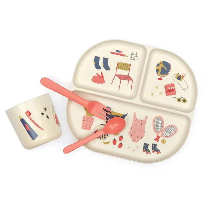Illustrated Bamboo Kid Dinner Set – Coral